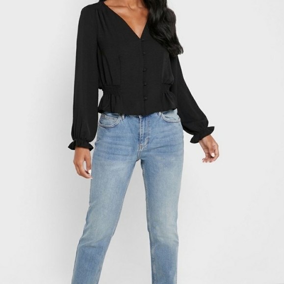 NWT Topshop Black Shirred Button Down Top Sz 6 - Picture 1 of 7